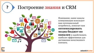Построение знания и CRM
Понимание, какие каналы
коммуникации использует
наш потенциальный
потребитель, помогает нам
оптимизировать
медиа бюджет по
каналам и задействовать
наиболее эффективные для
достижения качественного
контакта.
 
