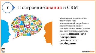 Построение знания и CRM
Мониторинг и анализ того,
что говорит наш
потенциальный потребитель
в качественном канале
коммуникации, может помочь
нам найти правильную тему
(триггер, инсайт) для
построения
релевантного
сообщения.
 