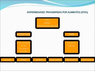ENFERMEDADES TRANSMITIDAS POR ALIMENTOS (ETAS)


                                                                              ETAS
                                                                           p ro d u c e n :
                                                        E n fe r m e d a d d ia r r e ic a a g u d a (E D A )


                   E N T E R O B A C T E R IA S                                                                                   T O X IN A S


                   M o v ile s y n o e x ig e n te s                                                                           v a r io s g e n e ro s
                              U b ic u a s                                                                                        T o x ig e n ic a s
                      E n te ro p a to g e n a s
                          O p o r tu n is ta s


S a lm o n e lla             S h ig e lla              E s c h e ric h ia            C lo s trid iu m p e rfrin g e n s   C lo s trid iu m b o tu lin u m   S ta p h y lo c o c c u s a u r e u s
 