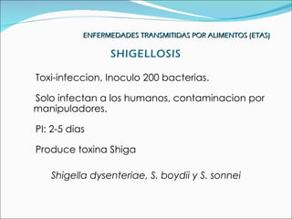 ENFERMEDADES TRANSMITIDAS POR ALIMENTOS (ETAS)

                 SHIGELLOSIS

Toxi-infeccion, Inoculo 200 bacterias.

Solo infectan a los humanos, contaminacion por
manipuladores.

PI: 2-5 dias

Produce toxina Shiga

   Shigella dysenteriae, S. boydii y S. sonnei
 