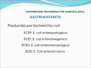 ENFERMEDADES TRANSMITIDAS POR ALIMENTOS (ETAS)

             GASTROENTERITIS

Producida por Escherichia coli
         ECEP: E. coli enteropatogena

         ECET: E. coli enterotoxigenica

        ECEH: E. coli enterohemorragica

          ECEI: E. Coli enteroinvasiva
 