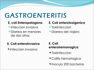 GASTROENTERITIS
E. coli Enteropatogena   E. Coli enterotoxigenica
 Infeccion invasiva      Toxiinfeccion
 Diarrea en menores      Diarrea del viajero
  de dos años

E. Coli enteroinvasiva   E. Coli
                         enterohemorragica
Infeccion invasiva
                         Toxiinfeccion
                         Colitis hemorragica
                         Inoculo 200 bacterias
 