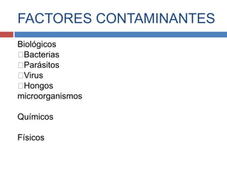 FACTORES CONTAMINANTES
Biológicos
Bacterias
Parásitos
Virus
Hongos
microorganismos
Químicos
Físicos
 