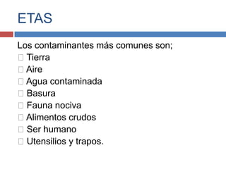 ETAS
Los contaminantes más comunes son;
Tierra
Aire
Agua contaminada
Basura
Fauna nociva
Alimentos crudos
Ser humano
Utensilios y trapos.
 