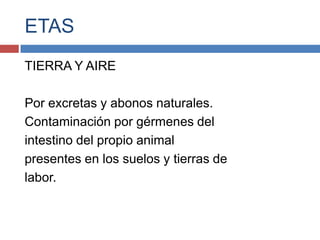 ETAS
TIERRA Y AIRE
Por excretas y abonos naturales.
Contaminación por gérmenes del
intestino del propio animal
presentes en los suelos y tierras de
labor.
 