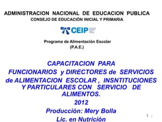1
1
ADMINISTRACION NACIONAL DE EDUCACION PUBLICA
CONSEJO DE EDUCACIÓN INICIAL Y PRIMARIA
Programa de Alimentación Escolar
(P.A.E.)
CAPACITACION PARA
FUNCIONARIOS y DIRECTORES de SERVICIOS
de ALIMENTACION ESCOLAR , INSNTITUCIONES
Y PARTICULARES CON SERVICIO DE
ALIMENTOS.
2012
Producción: Mery Bolla
Lic. en Nutrición
CEIP
 
