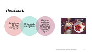 Hepatitis E
Enfermedades de trasmisión alimentaria 11
Duración: de
15-65 días,
usualmente
de 35-40
Clínica similar
a la hepatitis
A
Mariscos,
cualquier
alimento
contaminado
por virus de
hepatitis,
agua
 
