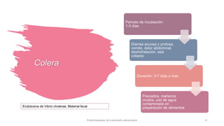Colera
Enfermedades de trasmisión alimentaria 8
Periodo de incubación:
1-3 dias
Diarrea acuosa y profusa,
vomito, dolor abdominal,
deshidratación, sed,
colapso
Duración: 3-7 días o mas
Pescados, mariscos
crudos, uso de agua
contaminada en
preparación de alimentos
Endotoxina de Vibrio cholerae. Material fecal
 