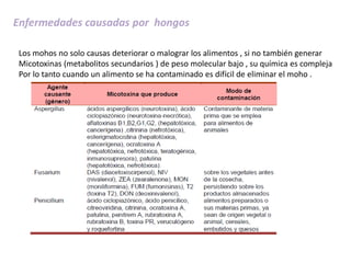 Enfermedades causadas por hongos
Los mohos no solo causas deteriorar o malograr los alimentos , si no también generar
Micotoxinas (metabolitos secundarios ) de peso molecular bajo , su química es compleja
Por lo tanto cuando un alimento se ha contaminado es difícil de eliminar el moho .
 