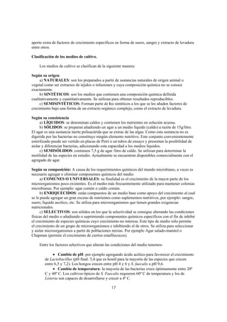 aporte extra de factores de crecimiento específicos en forma de suero, sangre y extracto de levadura
entre otros.

Clasificación de los medios de cultivo.

    Los medios de cultivo se clasifican de la siguiente manera:

Según su origen:
     a) NATURALES: son los preparados a partir de sustancias naturales de origen animal o
vegetal como ser extractos de tejidos o infusiones y cuya composición química no se conoce
exactamente.
     b) SINTÉTICOS: son los medios que contienen una composición química definida
cualitativamente y cuantitativamente. Se utilizan para obtener resultados reproducibles.
     c) SEMISINTÉTICOS: Forman parte de los sintéticos a los que se les añaden factores de
crecimiento bajo una forma de un extracto orgánico complejo, como el extracto de levadura.

Según su consistencia
     a) LÍQUIDOS: se denominan caldos y contienen los nutrientes en solución acuosa.
     b) SÓLIDOS: se preparan añadiendo un agar a un medio líquido (caldo) a razón de 15g/litro.
El agar es una sustancia inerte polisacárida que se extrae de las algas. Como esta sustancia no es
digerida por las bacterias no constituye ningún elemento nutritivo. Este conjunto convenientemente
esterilizado puede ser vertido en placas de Petri o en tubos de ensayo y presentan la posibilidad de
aislar y diferenciar bacterias, adicionando esta capacidad a los medios líquidos.
     c) SEMISÓLIDOS: contienen 7,5 g de agar /litro de caldo. Se utilizan para determinar la
motilidad de las especies en estudio. Actualmente se encuentran disponibles comercialmente con el
agregado de agar.

Según su composición: A causa de los requerimientos químicos del mundo microbiano, a veces es
necesario agregar o eliminar componentes químicos del medio.
      a) COMUNES O UNIVERSALES: su finalidad es el crecimiento de la mayor parte de los
microorganismos poco existentes. Es el medio más frecuentemente utilizado para mantener colonias
microbianas. Por ejemplo: agar común o caldo común.
      b) ENRIQUECIDOS: están compuestos de un medio base como apoyo del crecimiento al cual
se le puede agregar un gran exceso de nutrientes como suplementos nutritivos, por ejemplo: sangre,
suero, líquido ascítico, etc. Se utiliza para microorganismos que tienen grandes exigencias
nutricionales.
      c) SELECTIVOS: son sólidos en los que la selectividad se consigue alterando las condiciones
físicas del medio o añadiendo o suprimiendo componentes químicos específicos con el fin de inhibir
el crecimiento de especies químicas cuyo crecimiento no interesa. Este tipo de medio sólo permite
el crecimiento de un grupo de microorganismos e inhibiendo el de otros. Se utiliza para seleccionar
y aislar microorganismos a partir de poblaciones mixtas. Por ejemplo Agar salado-manitol o
Chapman (permite el crecimiento de ciertos estafilococos).

    Entre los factores selectivos que alteran las condiciones del medio tenemos:

             • Cambio de pH: por ejemplo agregando ácido acético para favorecer el crecimiento
        de Lactobacillus (pH final: 5,4 que es hostil para la mayoría de las especies que crecen
        entre 6,5 y 7,2). Los hongos crecen entre pH 4 y 6 y S. faecalis a pH 9,6.
             • Cambio de temperatura: la mayoría de las bacterias crece óptimamente entre 20º
        C y 40º C. Los cultivos típicos de S. Faecalis requieren 60º C de temperatura y los de
        Listeria son capaces de desarrollarse y crecer a 4º C.

                                                 17
 