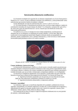 Intoxicación alimentaria estafilocócica

     Es el trastorno resultado de la ingestión de un alimento contaminado con el coco Gram positivo
Staphylococcus aureus, el cual es altamente resistente a los antibióticos, y actúa produciendo varias
enterotoxinas que secreta al medio circundante o alimento.
     Se han identificado seis tipos de enterotoxinas de S. aureus: A, B, C1, C2, D y E.
     A.- Es la más frecuente, el mecanismo de acción de esta, es el de un súper antígeno e implica la
estimulación sistemática de un gran número de células T. La clonación y secuencia del gen entA y
de varios otros genes de enterotoxinas de S. aureus, muestra que esta familia de toxinas esta
relacionada genéticamente.
     El staphylococcus aureus es incapaz de crecer a bajas temperaturas, con frecuencia en
alimentos que no se refrigeran y se mantienen en cocinas calientes o al aire libre. Bajo estas
condiciones el microorganismo puede haber llegado al alimento desde un manipulador de
alimentos, desde su preparación, crece y produce enterotoxina, y como la toxina es relativamente
termoestable pude permanecer activa si se vuelve a cocinar.




         Después de 48-72 horas, se pueden ver colonias blancas de esta bacteria antes de color
                                               amarillo.
Causas, incidencia y factores de riesgo
     La intoxicación alimentaria por estafilococo dorado ocurre a menudo cuando una persona que
manipula alimentos contamina los productos alimenticios tales como postres (especialmente salsas
y los postres rellenos o cubiertos con crema), ensaladas (en especial las que contienen mayonesa) o
comidas horneadas, que son servidos o almacenados a temperatura ambiente o en el refrigerador.
     Las bacterias se multiplican rápidamente en los alimentos y puede haber una gran colonia de
bacterias sin que haya evidencia de descomposición del alimento. Los factores de riesgo son:
              • Ingestión de alimentos preparados por una persona con una infección en la piel,
        dado que estas infecciones comúnmente contienen el estafilococo dorado.
              • Ingestión de alimentos almacenados a temperatura ambiente.

Síntomas y mortalidad
     Los síntomas y signos que se manifiestan dependen de la cantidad y calidad de los tóxicos
ingeridos. Generalmente, los síntomas empiezan en un plazo de 1-6 horas después de la ingestión y,
dependiendo del agente involucrado, pueden incluir uno o más de los siguientes: náuseas, dolor
abdominal, vómitos, diarrea, fiebre, dolor de cabeza y fatiga.
     En la mayoría de los casos el cuerpo es capaz de recuperarse totalmente tras un corto periodo
de malestar y enfermedad agudos.



                                                 2
 