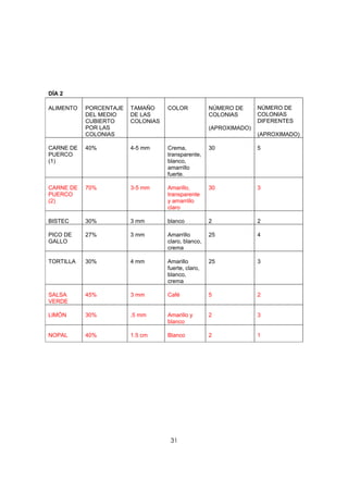 DÍA 2

ALIMENTO   PORCENTAJE   TAMAÑO     COLOR            NÚMERO DE      NÚMERO DE
           DEL MEDIO    DE LAS                      COLONIAS       COLONIAS
           CUBIERTO     COLONIAS                                   DIFERENTES
           POR LAS                                  (APROXIMADO)
           COLONIAS                                                (APROXIMADO)

CARNE DE   40%          4-5 mm     Crema,           30             5
PUERCO                             transparente,
(1)                                blanco,
                                   amarrillo
                                   fuerte.

CARNE DE   70%          3-5 mm     Amarillo,        30             3
PUERCO                             transparente
(2)                                y amarrillo
                                   claro

BISTEC     30%          3 mm       blanco           2              2

PICO DE    27%          3 mm       Amarrillo        25             4
GALLO                              claro, blanco,
                                   crema

TORTILLA   30%          4 mm       Amarillo         25             3
                                   fuerte, claro,
                                   blanco,
                                   crema

SALSA      45%          3 mm       Café             5              2
VERDE

LIMÓN      30%          .5 mm      Amarillo y       2              3
                                   blanco

NOPAL      40%          1.5 cm     Blanco           2              1




                                    31
 