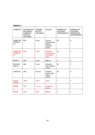 SEMANA 2

ALIMENTO   PORCENTAJE   TAMAÑO     COLOR            NÚMERO DE      NÚMERO DE
           DEL MEDIO    DE LAS                      COLONIAS       COLONIAS
           CUBIERTO     COLONIAS                    (APROXIMADO)   DIFERENTES
           POR LAS                                                 (APROXIMADO)
           COLONIAS

CARNE DE   85%          5 mm       Crema,           60             8
PUERCO                             transparente,
(1)                                blanco,
                                   amarrillo
                                   fuerte.

CARNE DE   80%          6 mm       Amarillo,        40             5
PUERCO                             transparente
(2)                                y amarrillo
                                   claro

BISTEC     40%          3 mm       Blanco           4              4

PICO DE    40%          5 mm       Amarrillo        30             7
GALLO                              claro, blanco,
                                   crema

TORTILLA   35%          4-5 mm     Amarillo         25             6
                                   fuerte, claro,
                                   blanco,
                                   crema

SALSA      100%         2 mm       Café             7              4
VERDE

LIMÓN      40%          1.5 cm     Amarillo y       2              4
                                   blanco

NOPAL      52%          2 cm       Blanco           2              3




                                    34
 