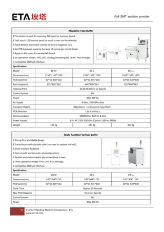 10 ETA SMT Handling Machine Introduction | ETA
www.smt11.com
Full SMT solution provider
Magazine Type Buffer
1.This device is used for receiving NG board or memory board.
2.'soft touch' LED control panel or touch screen can be selected.
3.Top＆bottom pneumatic clamps to secure magazine rack.
4.No PCB breakage guaranty because of special gas circuit design.
5.Apply to NG board for receive NG board.
6.Six operation modes: FIFO.LIFO.Loading.Unloading.NG cache. Pass-through.
7.Compatible SMEMA interface.
Specification:
Model BC-M BC-L BC-LL
Dimension(mm) 1150*1150*1205 1350*1350*1205 1550*1550*1205
PCB Size(mm) 50*50-330*250 50*50-445*330 50*50-530*390
Rack Size(mm) 355*320*563 460*400*563 535*460*563
Indexing Pitch 10.20.30.40mm or Specify
Control System PLC
Power Max 250 VA
Air Supply 4-6bar, 10ltr/Min Max
Transport Height 900±20mm（or Customer Specified）
PCB Direction L to R or R to L
Communication SMEMA for Both In & Out
Power Supply 1 PH AC 220V 50/60Hz (Option:110V to 380V)
Weight 180 Kg 240 Kg 300 Kg
Multi Function Vertical Buffer
1.Strong,firm and stable design.
2.Transmission with durable roller (no need to replace the belt).
3.Small machine footprint.
4.Fast,smooth and accurate retrieval positions.
5.Parallel and smooth width adjustment(lead screw).
6.Three operation modes: FIFO.LIFO. Pass-through.
7.Compatible SMEMA interface.
Specification:
Model VB-M VB-L VB-LL
Dimension(mm) 430*764*1250 535*844*1250 610*904*1250
PCB Size(mm) 50*50-330*250 50*50-445*330 50*50-530*390
Cycle Time Approx.10 Seconds
Max PCB Magazine 25 pcs or Specify
Control System PLC
Power Max 250 VA
 