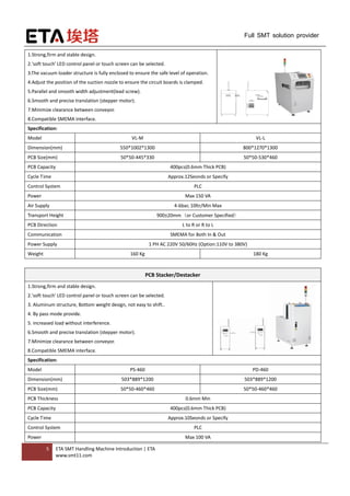 5 ETA SMT Handling Machine Introduction | ETA
www.smt11.com
Full SMT solution provider
1.Strong,firm and stable design.
2.'soft touch' LED control panel or touch screen can be selected.
3.The vacuum loader structure is fully enclosed to ensure the safe level of operation.
4.Adjust the position of the suction nozzle to ensure the circuit boards is clamped.
5.Parallel and smooth width adjustment(lead screw).
6.Smooth and precise translation (stepper motor).
7.Minimize clearance between conveyor.
8.Compatible SMEMA interface.
Specification:
Model VL-M VL-L
Dimension(mm) 550*1002*1300 800*1270*1300
PCB Size(mm) 50*50-445*330 50*50-530*460
PCB Capacity 400pcs(0.6mm Thick PCB)
Cycle Time Approx.12Seonds or Specify
Control System PLC
Power Max 150 VA
Air Supply 4-6bar, 10ltr/Min Max
Transport Height 900±20mm（or Customer Specified）
PCB Direction L to R or R to L
Communication SMEMA for Both In & Out
Power Supply 1 PH AC 220V 50/60Hz (Option:110V to 380V)
Weight 160 Kg 180 Kg
PCB Stacker/Destacker
1.Strong,firm and stable design.
2.'soft touch' LED control panel or touch screen can be selected.
3. Aluminum structure, Bottom weight design, not easy to shift..
4. By pass mode provide.
5. increased load without interference.
6.Smooth and precise translation (stepper motor).
7.Minimize clearance between conveyor.
8.Compatible SMEMA interface.
Specification:
Model PS-460 PD-460
Dimension(mm) 503*889*1200 503*889*1200
PCB Size(mm) 50*50-460*460 50*50-460*460
PCB Thickness 0.6mm Min
PCB Capacity 400pcs(0.6mm Thick PCB)
Cycle Time Approx.10Seonds or Specify
Control System PLC
Power Max 100 VA
 