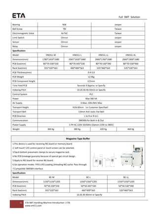 11 ETA SMT Handling Machine Introduction | ETA
www.smt11.com
Full SMT Solution
Bearing NSK Janpan
Ball Screw TBI Taiwan
Electromagnetic Valve AirTAC Taiwan
Limit Switch Omron Janpan
Sensor Omron Janpan
Relay Omron Janpan
Specification:
Model HNOUL-M HNOUL-L HNOUL-LL HNOUL-XL
Dimension(mm) 1780*1450*1680 2065*1630*1680 2660*1760*1680 2660*1900*1680
PCB Size(mm) 80*70-330*250 80*70-445*330 80*70-530*390 80*70-530*460
Rack Size(mm) 355*320*563 460*400*563 535*460*563 535*530*563
PCB Thickness(mm) 0.4-5.0
PCB Weight ≤2.0kg
PCB Component Height ±15mm
Time Feed PCB Seconds 9 Approx. or Specify
Indexing Pitch 10.20.30.40.50mm or Specify
Control System PLC
Power Max 300 VA
Air Supply 4-6bar, 10ltr/Min Max
Transport Height 910±30mm（or Customer Specified）
Transport Belt 3.8mm Anti-static Flat Belt
PCB Direction L to R or R to L
Communication SMEMA for Both In & Out
Power Supply 1 PH AC 220V 50/60Hz (Option:110V to 380V)
Weight 360 Kg 380 Kg 420 Kg 460 Kg
Magazine Type Buffer
1.This device is used for receiving NG board or memory board.
2.'soft touch' LED control panel or touch screen can be selected.
3.Top＆bottom pneumatic clamps to secure magazine rack.
4.No PCB breakage guaranty because of special gas circuit design.
5.Apply to NG board for receive NG board.
6.Six operation modes: FIFO.LIFO.Loading.Unloading.NG cache. Pass-through.
7.Compatible SMEMA interface.
Specification:
Model BC-M BC-L BC-LL
Dimension(mm) 1150*1150*1205 1350*1350*1205 1550*1550*1205
PCB Size(mm) 50*50-330*250 50*50-445*330 50*50-530*390
Rack Size(mm) 355*320*563 460*400*563 535*460*563
Indexing Pitch 10.20.30.40mm or Specify
 