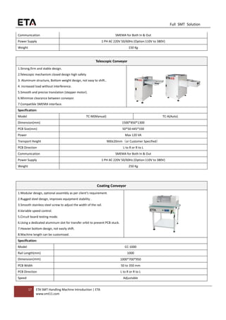 17 ETA SMT Handling Machine Introduction | ETA
www.smt11.com
Full SMT Solution
Communication SMEMA for Both In & Out
Power Supply 1 PH AC 220V 50/60Hz (Option:110V to 380V)
Weight 150 Kg
Telescopic Conveyor
1.Strong,firm and stable design.
2.Telescopic mechanism closed design high safety
3. Aluminum structure, Bottom weight design, not easy to shift..
4. increased load without interference.
5.Smooth and precise translation (stepper motor).
6.Minimize clearance between conveyor.
7.Compatible SMEMA interface.
Specification:
Model TC-M(Manual) TC-A(Auto)
Dimension(mm) 1500*850*1300
PCB Size(mm) 50*50-445*330
Power Max 120 VA
Transport Height 900±20mm（or Customer Specified）
PCB Direction L to R or R to L
Communication SMEMA for Both In & Out
Power Supply 1 PH AC 220V 50/60Hz (Option:110V to 380V)
Weight 250 Kg
Coating Conveyor
1.Modular design, optional assembly as per client’s requirement.
2.Rugged steel design, improves equipment stability .
3.Smooth stainless steel screw to adjust the width of the rail.
4.Variable speed control.
5.Circuit board testing mode.
6.Using a dedicated aluminum slot for transfer orbit to prevent PCB stuck.
7.Heavier bottom design, not easily shift.
8.Machine length can be customized.
Specification:
Model CC-1000
Rail Length(mm) 1000
Dimension(mm) 1000*700*950
PCB Width 50 to 350 mm
PCB Direction L to R or R to L
Speed Adjustable
 