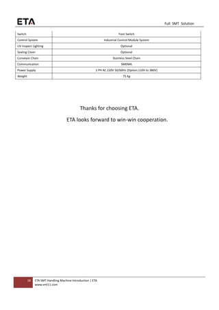 18 ETA SMT Handling Machine Introduction | ETA
www.smt11.com
Full SMT Solution
Switch Foot Switch
Control System Industrial Control Module System
UV Inspect Lighting Optional
Sealing Cover Optional
Conveyor Chain Stainless Steel Chain
Communication SMEMA
Power Supply 1 PH AC 220V 50/60Hz (Option:110V to 380V)
Weight 75 Kg
Thanks for choosing ETA.
ETA looks forward to win-win cooperation.
 