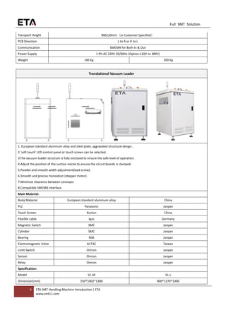 5 ETA SMT Handling Machine Introduction | ETA
www.smt11.com
Full SMT Solution
Transport Height 900±20mm（or Customer Specified）
PCB Direction L to R or R to L
Communication SMEMA for Both In & Out
Power Supply 1 PH AC 220V 50/60Hz (Option:110V to 380V)
Weight 140 Kg 200 Kg
Translational Vacuum Loader
1. European standard aluminum alloy and steel plate, aggravated structural design..
2.'soft touch' LED control panel or touch screen can be selected.
3.The vacuum loader structure is fully enclosed to ensure the safe level of operation.
4.Adjust the position of the suction nozzle to ensure the circuit boards is clamped.
5.Parallel and smooth width adjustment(lead screw).
6.Smooth and precise translation (stepper motor).
7.Minimize clearance between conveyor.
8.Compatible SMEMA interface.
Main Material:
Body Material European standard aluminum alloy China
PLC Panasonic Janpan
Touch Screen Kunlun China
Flexible cable Igus Germany
Magnetic Switch SMC Janpan
Cylinder SMC Janpan
Bearing NSK Janpan
Electromagnetic Valve AirTAC Taiwan
Limit Switch Omron Janpan
Sensor Omron Janpan
Relay Omron Janpan
Specification:
Model VL-M VL-L
Dimension(mm) 550*1002*1300 800*1270*1300
 