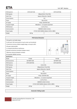6 ETA SMT Handling Machine Introduction | ETA
www.smt11.com
Full SMT Solution
PCB Size(mm) 50*50-445*330 50*50-530*460
PCB Capacity 400pcs(0.6mm Thick PCB)
Cycle Time Approx.12Seonds or Specify
Control System PLC
Power Max 150 VA
Air Supply 4-6bar, 10ltr/Min Max
Transport Height 900±20mm（or Customer Specified）
PCB Direction L to R or R to L
Communication SMEMA for Both In & Out
Power Supply 1 PH AC 220V 50/60Hz (Option:110V to 380V)
Weight 160 Kg 180 Kg
PCB Stacker/Destacker
1.Strong,firm and stable design.
2.'soft touch' LED control panel or touch screen can be selected.
3. Aluminum structure, Bottom weight design, not easy to shift..
4. By pass mode provide.
5. increased load without interference.
6.Smooth and precise translation (stepper motor).
7.Minimize clearance between conveyor.
8.Compatible SMEMA interface.
Specification:
Model PS-460 PD-460
Dimension(mm) 503*889*1200 503*889*1200
PCB Size(mm) 50*50-460*460 50*50-460*460
PCB Thickness 0.6mm Min
PCB Capacity 400pcs(0.6mm Thick PCB)
Cycle Time Approx.10Seonds or Specify
Control System PLC
Power Max 100 VA
Air Supply 4-6bar, 10ltr/Min Max
Transport Height 900±20mm（or Customer Specified）
PCB Direction L to R or R to L
Communication SMEMA for Both In & Out
Power Supply 1 PH AC 220V 50/60Hz (Option:110V to 380V)
Weight 220 Kg 200 Kg
Automatic Folding Loader
 