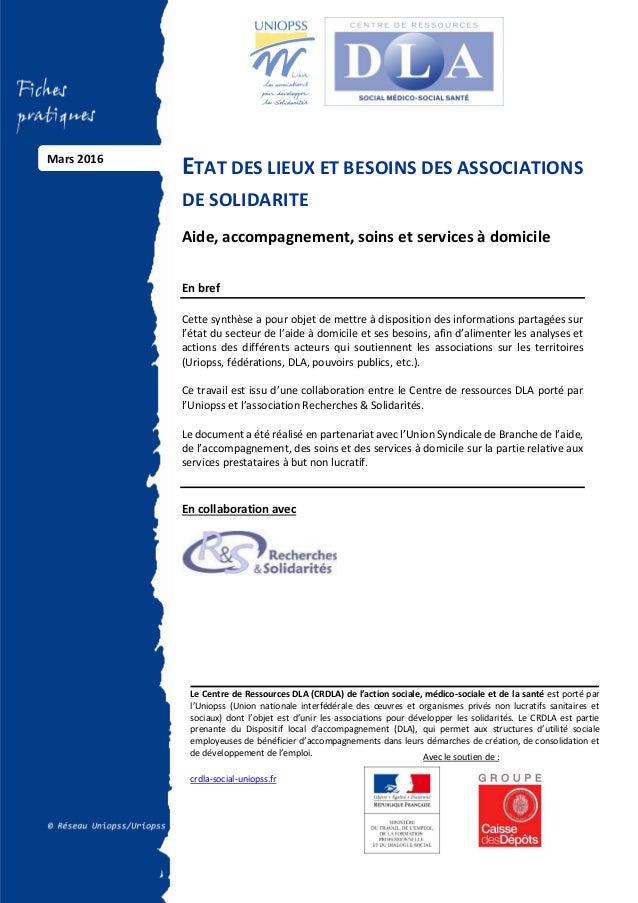 Etat des lieux et besoins et associations de solidarité. Aide, accompagnement, soins et services à domicile