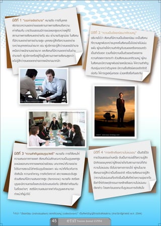 มิติที่ 1 “ระยะห่างเชิงอำนาจ” หมายถึง การที่บุคคล
พิจารณาความแตกต่างของสถานภาพทางสังคมถึงความ
เท่าเทียมกัน บางวัฒนธรรมมีการแบ่งแยกสูงระหว่างผู้ที่มี
                                                                             มิติที่ 2 “ความเป็นปัจเจกนิยม/คติรวมหมู่”
สถานภาพทางสังคมแตกต่างกัน เช่น เจ้านายกับลูกน้อง ในสังคม
                                                                             อธิบายได้ว่า สังคมที่มีความเป็นปัจเจกนิยม จะเป็นสังคม
ที่มีความแตกต่างทางอำนาจสูง บุคคลจะรู้สึกถึงความแตกต่าง
                                                                             ที่ความผูกพันระหว่างบุคคลในสังคมเป็นไปอย่างไม่แน่น
ระหว่างบุคคลค่อนข้างมาก เช่น ผู้บริหารจะรู้สึกว่าตนเองมีอำนาจ
                                                                             แฟ้น ผู้คนต่างให้ความสำคัญกับตนเองหรือครอบครัว
เหนือกว่าพนักงานอย่างมาก และสังคมที่มีความแตกต่างในด้าน
                                                                             เป็นลำดับแรก รวมทั้งมีความเป็นตัวของตัวเองทาง
อำนาจต่ำ ผู้บริหารหรือผู้ที่อยู่ในสถานภาพทางสังคมสูงกว่า
                                                                             ความคิดและการกระทำ ส่วนสังคมแบบคติรวมหมู่ ผู้คน
จะไม่รู้สึกว่าตนเองแตกต่างจากพนักงานมากนัก
                                                                             ในสังคมจะมีความผูกพันอย่างเหนียวแน่น ให้ความสำคัญ
                                                                             กับกลุ่มมากกว่าตัวบุคคล มีความซื่อสัตย์และจงรักภักดี
                                                                             ต่อกัน ให้การดูแลคุ้มครอง ช่วยเหลือซึ่งกันและกัน




       ภาพจาก www.inetgiant.com.my



                                             ภาพจาก www.b2bsaleslounge.com




                                                                                 ภาพจาก www.easy-strategy.com




 มิติที่ 3 “ความสำคัญของบุรุษ/สตรี” หมายถึง การที่สังคมให้                     มิติที่ 4 “การหลีกเลี่ยงความไม่แน่นอน” เป็นตัวชี้วัด
 ความเสมอภาคทางเพศ สังคมที่เน้นลักษณะความเป็นบุรุษเพศสูง                       ทางวัฒนธรรมด้านหนึ่ง อันเป็นการบ่งชี้ถึงความรู้สึก
 จะแบ่งแยกบทบาททางเพศอย่างชัดเจน บทบาทหน้าที่บางอย่าง                          นึกคิดของบุคคลว่ารู้สึกอย่างไรกับสถานการณ์ที่เกิด
 ได้รับการสงวนไว้สำหรับบุรุษโดยเฉพาะ เช่น หน้าที่เกี่ยวกับการ                  ความไม่แน่นอน ซึ่งไม่อาจคาดการณ์ได้ ผู้คนในบาง
 ตัดสินใจ ความกล้าหาญ การคิดวิเคราะห์ และวางแผนระดับสูง                        สังคมอาจรู้สึกว่าเป็นเรื่องปกติ หรือบางสังคมอาจรู้สึก
 ส่วนสังคมที่มีความเสมอภาคสูง (feminine) หมายถึง สตรีและ                       ว่าความไม่แน่นอนที่จะเกิดขึ้นเป็นสิ่งที่สร้างความยุ่งยากใจ
 บุรุษจะมีความเกรงใจและประนีประนอมต่อกัน มีสิทธิเท่าเทียมกัน                   ซึ่งทำให้เกิดพฤติกรรมการหลีกเลี่ยงความไม่แน่นอน
 ในเรื่องต่างๆ สตรีมีความเสมอภาคเท่ากับบุรุษและสามารถ                          ดังกล่าว โดยสะท้อนออกมาในรูปแบบการตัดสินใจ
 ทำหน้าที่ผู้นำได้



2 คำว่า “ปัจเจกนิยม (individualism) และคติรวมหมู่ (collectivism)” เป็นศัพท์บัญญัติราชบัณฑิตยสถาน (สาขาวิชารัฐศาสตร์ พ.ศ. 2544)

                                     45                
 