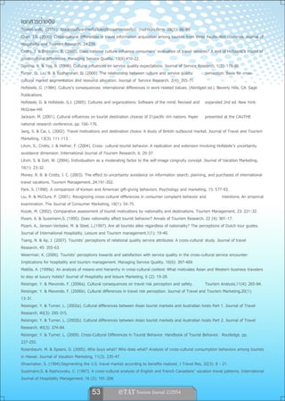 เอกสารอ้างอิง
วีระพงศ์ มาลัย. (2551). วัฒนธรรมที่แตกต่างกันกับพฤติกรรมการท่องเที่ยว. วารสารนักบริหาร. 28(2): 86-89
Chen, J.S. (2000). Cross-cultural differences in travel information acquisition among tourists from three Pacific-Rim countries. Journal of
Hospitality and Tourism Research, 24:239.
Crotts, J. & Erdmann, R. (2000). Does national culture influence consumers’ evaluation of travel services? A test of Hofstede’s model of
cross-cultural differences. Managing Service Quality, 10(6):410-22.
Donthu, N. & Yoo, B. (1998). Cultural influences on service quality expectations. Journal of Service Research, 1(2): 178-86.
Furrer, O., Liu, B. & Sudharshan, D. (2000). The relationship between culture and service quality            perception: Basis for cross-
cultural market segmentation and resource allocation. Journal of Service Research, 2(4): 355-71.
Hofstede, G. (1984). Culture’s consequences: international differences in work-related Values. (Abridged ed.). Beverly Hills, CA: Sage
Publications.
Hofstede, G. & Hofstede, G.J. (2005). Cultures and organizations: Software of the mind. Revised and expanded 2nd ed. New York:
McGraw-Hill.
Jackson, M. (2001). Cultural influences on tourist destination choices of 21pacific rim nations. Paper presented at the CAUTHE
national research conference, pp. 166–176.
Jang, S. & Cai, L. (2002). Travel motivations and destination choice: A study of British outbound market. Journal of Travel and Tourism
Marketing, 13(3): 111-113.
Litvin, S., Crotts, J. & Hefner, F. (2004). Cross- cultural tourist behavior: A replication and extension involving Hofstede’s uncertainty
avoidance dimension. International Journal of Tourism Research, 6: 29-37.
Litvin, S. & Goh, W. (2004). Individualism as a moderating factor to the self-image congruity concept. Journal of Vacation Marketing,
10(1): 23-32.
Money, R. B. & Crotts, J. C. (2003). The effect to uncertainty avoidance on information search, planning, and purchases of international
travel vacations. Tourism Management, 24:191-202.
Park, S. (1998). A comparison of Korean and American gift-giving behaviors. Psychology and marketing, 15: 577-93.
Liu, R. & McClure, P. (2001). Recognizing cross-cultural differences in consumer complaint behavior and               intentions: An empirical
examination. The Journal of Consumer Marketing, 18(1): 54-75.
Kozak, M. (2002). Comparative assessment of tourist motivations by nationality and destinations. Tourism Management, 23: 221-32.
Pizam, A. & Sussmann,S. (1995). Does nationality affect tourist behavior? Annals of Tourism Research, 22 (4): 901-17.
Pizam, A., Jansen-Verbeke, M. & Steel, L.(1997). Are all tourists alike regardless of nationality? The perceptions of Dutch tour guides.
Journal of International Hospitality, Leisure and Tourism management,1(1): 19-40.
Tsang, N. & Ap, J. (2007). Tourists’ perceptions of relational quality service attributes: A cross-cultural study. Journal of travel
Research, 45: 355-63.
Weiermair, K. (2000). Tourists’ perceptions towards and satisfaction with service quality in the cross-cultural service encounter:
Implications for hospitality and tourism management. Managing Service Quality, 10(6): 397-409.
Mattila, A. (1999a). An analysis of means-end hierarchy in cross-cultural context: What motivates Asian and Western business travelers
to stay at luxury hotels? Journal of Hospitality and leisure Marketing, 6 (2): 19-28.
Reisinger, Y. & Mavondo, F. (2006a). Cultural consequences on travel risk perception and safety.             Tourism Analysis,11(4): 265-84.
Reisinger, Y. & Mavondo, F. (2006b). Cultural differences in travel risk perception. Journal of Travel and Tourism Marketing,20(1):
13-31.
Reisinger, Y. & Turner, L. (2002a). Cultural differences between Asian tourist markets and Australian hosts Part 1. Journal of Travel
Research, 40(3): 295-315.
Reisinger, Y. & Turner, L. (2002b). Cultural differences between Asian tourist markets and Australian hosts Part 2. Journal of Travel
Research, 40(3): 374-84.
Reisinger, Y. & Turner, L. (2009). Cross-Cultural Differences in Tourist Behavior. Handbook of Tourist Behavior. Routledge. pp.
237-255.
Rosenbaum, M. & Spears, D. (2005). Who buys what? Who does what? Analysis of cross-cultural consumption behaviors among tourists
in Hawaii. Journal of Vacation Marketing, 11(3). 235-47.
Shoemaker, S. (1994).Segmenting the U.S. travel market according to benefits realized. J Travel Res, 32(3): 8 - 21.
Sussmann,S. & Rashcovsky, C. (1997). A cross-cultural analysis of English and French Canadians’ vacation travel patterns. International
Journal of Hospitality Management, 16 (2): 191-208.

                                         53               
 