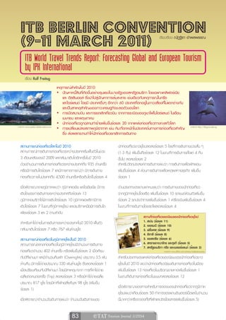 ITB Berlin Convention
  (9-11 March 2011)                                                                                         เรียบเรียง ณัฏฐิรา อำพลพรรณ



      ITB World Travel Trends Report: Forecasting Global and European Tourism
      by IPK International
      เรื่อง Rolf Freitag
                                   เหตุการณ์สำคัญในปี 2010
                                   Ÿ ปัญหาหนี้สินที่เกิดขึ้นอย่างรุนแรงในบางรัฐของสหรัฐอเมริกา โดยเฉพาะแคลิฟอร์เนีย
                                       และ อิลลินอยส์ ซึ่งนำไปสู่ปัญหาการล้มละลาย เช่นเดียวกับเหตุการณ์ในกรีซ
                                       และไอร์แลนด์ โดยมี ประเทศอื่นๆ อีกกว่า 60 ประเทศที่ตกอยู่ในภาวะเสี่ยงที่ไม่แตกต่างกัน
                                       และเป็นสาเหตุสำคัญของภาวะเศรษฐกิจชะลอตัวของโลก
                                   Ÿ การปิดสนามบิน และการยกเลิกเที่ยวบิน จากการระเบิดของภูเขาไฟในไอซ์แลนด์ ในเดือน
                                       เมษายน และพฤษภาคม
                                   Ÿ นักท่องเที่ยวถูกฉลามทำร้ายเพิ่มขึ้นร้อยละ 20 จากแหล่งท่องเที่ยวทางทะเลทั่วโลก
ภาพจาก www.yabba-dabba-dubai.com
                                   Ÿ การเปลี่ยนแปลงสภาพภูมิอากาศ เช่น หิมะที่ตกหนักในประเทศต้นทางการท่องเที่ยวสำคัญ                        ภาพจาก http://blog.nus.edu.sg

                                       ซึ่ง ส่งผลกระทบทำให้นักท่องเที่ยวยกเลิกการเดินทาง

  สถานการณ์ท่องเที่ยวโลกในปี 2010                                            นักท่องเที่ยวชาวยุโรปลดลงร้อยละ 5 โดยที่การเดินทางช่วงสั้น ๆ
  สถานการณ์การเดินทางท่องเที่ยวระหว่างประเทศเริ่มฟื้นตัวในช่วง               (1-3 คืน) เพิ่มขึ้นถึงร้อยละ 12 ในขณะที่การเดินทางตั้งแต่ 4 คืน
  3 เดือนหลังของปี 2009 และกลับมาเติบโตอีกครั้งในปี 2010                     ขึ้นไป ลดลงร้อยละ 2
  ด้วยจำนวนการเดินทางท่องเที่ยวระหว่างประเทศถึง 935 ล้านครั้ง                สำหรับวัตถุประสงค์การเดินทางพบว่า การเดินทางเพื่อพักผ่อน
  หรือมีการเติบโตร้อยละ 7 และมีการคาดการณ์ว่า มีการเดินทาง                   เพิ่มขึ้นร้อยละ 4 ส่วนการเดินทางเพื่อเหตุผลทางธุรกิจ เพิ่มขึ้น
  ท่องเที่ยวภายในประเทศถึง 4,500 ล้านครั้งหรือเติบโตขึ้นร้อยละ 4             ร้อยละ 1
  เมื่อพิจารณารายภูมิภาคพบว่า ภูมิภาคเอเชีย และโอเชียเนีย มีการ              ด้านประเภทของยานพาหนะพบว่า การเดินทางของนักท่องเที่ยว
  เติบโตของการเดินทางระหว่างประเทศถึงร้อยละ 13                               จากภูมิภาคยุโรปโดยเรือ เพิ่มขึ้นร้อยละ 10 รถยนต์ส่วนตัวเพิ่มขึ้น
  ภูมิภาคอเมริกาใต้มีการเติบโตร้อยละ 10 ภูมิภาคแอฟริกามีการ                  ร้อยละ 2 รถประจำทางเพิ่มขึ้นร้อยละ 1 เครื่องบินเพิ่มขึ้นร้อยละ 4
  เติบโตร้อยละ 7 ในขณะที่ภูมิภาคยุโรป และอเมริกาเหนือมีการเติบโต             ในขณะที่การเดินทางโดยรถไฟลดลงร้อยละ 4
  เพียงร้อยละ 3 และ 2 ตามลำดับ
                                                                                               สถานที่ท่องเที่ยวยอดนิยมของนักท่องเที่ยวยุโรป
  สำหรับค่าใช้จ่ายในการเดินทางระหว่างประเทศในปี 2010 ฟื้นตัว                                   1. สเปน (ร้อยละ 11)
                                                                                               2. เยอรมนี (ร้อยละ 10)
  กลับมาเติบโตร้อยละ 7 หรือ 767 พันล้านยูโร                                                    3. ฝรั่งเศส (ร้อยละ 9)
                                                                                               4. อิตาลี (ร้อยละ 8)
  สถานการณ์ท่องเที่ยวในภูมิภาคยุโรปในปี 2010                                                   5. ออสเตรีย (ร้อยละ 6)
  สถานการณ์ตลาดท่องเที่ยวในภูมิภาคยุโรปมีจำนวนการเดินทาง                                       6. สหราชอาณาจักร และตุรกี (ร้อยละ 5)
                                                                                               7. สหรัฐอเมริกา กรีซ และเนเธอร์แลนด์ (ร้อยละ 3)
  ท่องเที่ยวจำนวน 402 ล้านครั้ง หรือเพิ่มขึ้นร้อยละ 2 เมื่อเทียบ                                               ภาพจาก www.flickr.com/photos/oetbuenosaires

  กับปีที่ผ่านมา และมีจำนวนคืนพัก (Overnights) ประมาณ 3.5 พัน                สำหรับประเภทของแหล่งท่องเที่ยวยอดนิยมของนักท่องเที่ยวชาว
  ล้านคืน มีการใช้จ่ายประมาณ 330 พันล้านยูโร ซึ่งลดลงร้อยละ 1                ยุโรปในปี 2010 พบว่านักท่องเที่ยวนิยมเดินทางท่องเที่ยวในเมือง
  เมื่อเปรียบเทียบกับปีที่ผ่านมา โดยมีสาเหตุมาจาก การที่ค่าใช้จ่าย           เพิ่มขึ้นร้อยละ 13 ท่องเที่ยวในบริเวณชายหาดเพิ่มขึ้นร้อยละ 1
  เฉลี่ยต่อคนต่อครั้ง (Trip) ลดลงร้อยละ 3 หรือมีค่าใช้จ่ายเฉลี่ย             ในขณะที่เดินทางท่องเที่ยวในชนบทลดลงร้อยละ 12
  ประมาณ 817 ยูโร โดยมีค่าที่พักเฉลี่ยคืนละ 98 ยูโร (เพิ่มขึ้น
  ร้อยละ 1)                                                                  เมื่อพิจารณาช่องทางสำหรับการจองของนักท่องเที่ยวจากภูมิภาค
                                                                             ยุโรปพบว่าเกือบร้อยละ 50 ทำการจองผ่านอินเตอร์เน็ตและในจำนวน
  เมื่อพิจารณาจำนวนวันเดินทางพบว่า จำนวนวันเดินทางของ                        นี้มากกว่าครึ่งจะจองทั้งที่พักและบัตรโดยสาร(เพิ่มขึ้นร้อยละ 5)


                                             83             e TAT Tourism Journal 2/2554
 