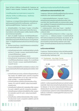 ร้อยละ 30 ในช่วง 4 ปีที่ผ่านมา ส่วนในอเมริกานั้น TripAdvisor อยู่                                      พฤติกรรมการเดินทางท่องเที่ยวที่เปลี่ยนแปลงไป
ในอันดับ 5 รองจาก Expedia, Travelocity, Orbitz และ Priceline
                                                                                                       แนวโน้มพฤติกรรมการเดินทางท่องเที่ยวในปี 2554
การเปลี่ยนแปลงทางการตลาดและความแตกต่าง                                                                 TripAdvisor ได้สำรวจความคิดเห็นของผู้ใช้และได้แนวโน้มการเดินทาง
(Market Shifts & Differences): พฤติกรรม                                                                ท่องเที่ยวในปี 2554 ของนักท่องเที่ยวในยุโรป ดังนี้
นักท่องเที่ยวสมัยใหม่                                                                                      การเดินทางท่องเที่ยวในประเทศ ( Domestic Travel ) :
TripAdvisor เจาะกลุ ่ ม ลู ก ค้ า ศั ก ยภาพโดยวิ เ คราะห์ ส ภาพสั ง คมและ                              นักท่องเที่ยวอิตาลีวางแผนเดินทางท่องเที่ยวในประเทศในปี 2554
พฤติ ก รรมของนั ก ท่ อ งเที ่ ย วที ่ ม ี ก ารเปลี ่ ย นแปลง รวมทั ้ ง วิ เ คราะห์                     มากกว่าในปี 2553 ในขณะที่ประเทศอื่นๆ เช่น สหราชอาณาจักร เยอรมนี
พฤติกรรมของผู้ใช้เว็บไซต์ของ TripAdvisor และพบว่า                                                      สเปน และฝรั่งเศส ได้วางแผนเดินทางท่องเที่ยวในประเทศเช่นกันแต่อยู่
                                                                                                       ในระดับที่ต่ำกว่าที่เคยวางแผนในปี 2553
      นักท่องเที่ยวสมัยใหม่ ( The Modern Traveler ) มีการเปลี่ยน                                           การเดินทางระยะใกล้ ( Short Haul Travel ) : มีแนวโน้มว่า
แปลงแตกต่ า งจากสมั ย ก่ อ น โดยมั ก จะมองการเดิ น ทางในภาพรวม                                         นักท่องเที่ยวยุโรปในทุกประเทศวางแผนเดินทางระยะใกล้ในปี 2554
ก่อนการเดินทาง จะมีความคิดรวบยอดว่า จะไปไหน ไปอย่างไร พักที่ไหน                                        มากขึ้นกว่าปี 2553
และจะทำอะไรบ้างระหว่างท่องเที่ยว                                                                           การเดิ น ทางท่ อ งเที ่ ย วระยะไกลมากกว่ า 6 ชั ่ ว โมง ( Long Haul
      ร้ อ ยละ 32 ของผู ้ ใ ช้ TripAdvisor เข้ า มาใช้ เ ว็ บ ไซต์ เ พื ่ อ มองหา                      Travel 6 hrs + ) : มี เ พี ย งประมาณร้ อ ยละ 10 ของนั ก ท่ อ งเที ่ ย วที ่
แหล่ ง ท่ อ งเที ่ ย วที ่ ต ้ อ งการไปเที ่ ย ว ร้ อ ยละ 39 เป็ น ผู ้ ใ ช้ อ ยู ่ ร ะหว่ า งการ      ได้ทำการสำรวจวางแผนเดินทางระยะไกลน้อยลง ประมาณร้อยละ 20-35
ตั ด สิ น ใจเลื อ กแหล่ ง ท่ อ งเที ่ ย วที ่ ไ ด้ เ ลื อ กไว้ แ ล้ ว และมาหาข้ อ มู ล เพิ ่ ม เติ ม   วางแผนเดินทางระยะไกลมากขึ้น ในขณะที่ร้อยละ 48-68 ยังวางแผน
ร้ อ ยละ 47 เป็ น ผู ้ ใ ช้ ท ี ่ จ องแหล่ ง ท่ อ งเที ่ ย วที ่ ต ่ า งจากที ่ เ คยค้ น หาข้ อ มู ล   เดินทางท่องเที่ยวระยะไกลเท่ากับที่เคยวางแผนในปี 2553 ดังนั้น
ไว้เริ่มแรก                                                                                            โดยสรุป นักท่องเที่ยวยุโรปจึงมีแนวโน้มเดินทางระยะไกลเพิ่มขึ้นในปี
      เมื ่ อ ต้ อ งการจองโรงแรม ปั จ จั ย ที ่ ม ี อ ิ ท ธิ พ ลต่ อ การตั ด สิ น ใจในปี               2554
2554 ของนักท่องเที่ยวยุโรป มีดังนี้
                                                                                                       แนวโน้มการเดินทางที่เปลี่ยนไป
       นั ก ท่ อ งเที ่ ย วสหราชอาณาจั ก ร และฝรั ่ ง เศสคำนึ ง ถึ ง ความคิ ด เห็ น
       และคำแนะนำ (Traveler reviews) ของนั ก ท่ อ งเที ่ ย วที ่ เ คยพั ก                              TripAdvisor ได้ ย กตั ว อย่ า งลั ก ษณะการเดิ น ทางที ่ เ ปลี ่ ย นแปลงไปใน
       มาก่อนหน้านี้เป็นอันดับแรก รองลงมา                                                              ตลาดสหราชอาณาจั ก รระหว่ า งปี 2551 -2553 เนื ่ อ งจากมี ฐ านผู ้ ใ ช้
       คือ ความสะดวกของสถานที่ตั้งโรงแรม และราคา                                                       จากตลาดนี้มากที่สุด โดยได้ข้อสรุป ดังนี้
       นั ก ท่ อ งเที ่ ย วอิ ต าลี สเปนและเยอรมนี คำนึ ง ถึ ง ความสะดวกของ
       สถานที ่ ต ั ้ ง โรงแรมเป็ น อั น ดั บ แรก รองลงมา คื อ ความคิ ด เห็ น และ
       คำแนะนำ (Traveler reviews) ของนักท่องเที่ยวที่เคยพักมา
       ก่อนหน้านี้ และราคา
     ถ้างบประมาณไม่ใช่ปัจจัยหลักในการคำนึงถึงด้านการเดินทาง ทวีป/
ประเทศ/แหล่งท่องเที่ยวที่นักท่องเที่ยวยุโรปนิยมเดินทางไปในปี 2554
มีดังนี้
       นั ก ท่ อ งเที ่ ย วสหราชอาณาจั ก ร สนใจเดิ น ทางไปออสเตรเลี ย มาก
       ที่สุด รองลงมา คือ แปซิฟิกใต้ อเมริกา อเมริกาใต้ ตะวันออกไกล
       (เอเชียตะวันออกเฉียงเหนือ เช่น จีน ญี่ปุ่น เกาหลี ฯลฯ ไม่รวม
       อินเดีย และรัสเซีย ) และเอเชียตะวันออกเฉียงใต้                                                                                ภาพจาก Pesentation ของ Mr.Martin Verdon-Roe
       นั ก ท่ อ งเที ่ ย วฝรั ่ ง เศส สนใจเดิ น ทางไปออสเตรเลี ย มากที ่ ส ุ ด
       รองลงมา คื อ อเมริกาใต้ แปซิฟิกใต้ เอเชียตะวันออกเฉี ย งใต้                                     จะเห็นได้ว่า การเดินทางของนักท่องเที่ยวสหราชอาณาจักรมีการเปลี่ยน
       และอเมริกากลาง                                                                                  แปลงเกิดขึ้น โดยมีการเดินทางท่องเที่ยวในยุโรปเพิ่มขึ้นจากเดิมร้อยละ
       นักท่องเที่ยวอิตาลี สนใจเดินทางไป ออสเตรเลียมากที่สุด รองลงมา                                   55 เป็นร้อยละ 61 ในปี 2010 การเดินทางไปแอฟริกาได้รับความนิยม
       คือ อเมริกา แปซิฟิกใต้ อเมริกาใต้ ตะวันออกไกล และแอฟริกา                                        เพิ่มขึ้นเช่นเดียวกัน ในขณะที่การเดินทางไปอเมริกาเหนือกลับได้รับ
       นักท่องเที่ยวเยอรมนี สนใจเดินทางไปแปซิฟิกใต้มากที่สุด รองลงมา                                   ความนิยมลดน้อยลง เช่นเดียวกับการเดินทางไปยังเอเชียมีสัดส่วนลดลง
       คือ ออสเตรเลีย อเมริกาใต้ อเมริกา เอเชียตะวันออกเฉียงใต้                                        ไปเล็กน้อย อาจเป็นไปได้ว่า วิกฤติเศรษฐกิจทำให้การเดินทางระยะไกล
       และแคนาดา                                                                                       ได้รับความนิยมลดลง
       นักท่องเที่ยวสเปน สนใจเดินทางไปออสเตรเลียมากที่สุด รองลงมา
       คื อ ยุ โ รปตะวั น ตก อเมริ ก า ตะวั น ออกไกล แปซิ ฟ ิ ก ใต้ อเมริ ก าใต้
       และเอเชียตะวันออกเฉียงใต้



                                                            93
 