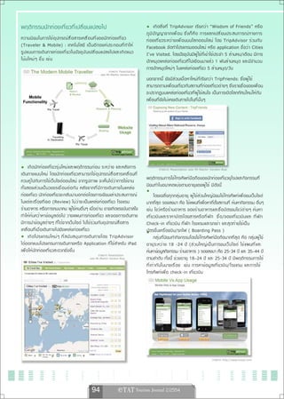 พฤติกรรมนักท่องเที่ยวที่เปลี่ยนแปลงไป                                                             เกิ ด สิ ่ ง ที ่ TripAdvisor เรี ย กว่ า “Wisdom of Friends” หรื อ
                                                                                           ภู ม ิ ป ั ญ ญาจากเพื ่ อ น ซึ ่ ง ก็ ค ื อ การแลกเปลี ่ ย นประสบการณ์ ท างการ
ความนิ ย มในการใช้ อ ุ ป กรณ์ ส ื ่ อ สารเคลื ่ อ นที ่ ข องนั ก ท่ อ งเที ่ ย ว           ท่ อ งเที ่ ย วระหว่ า งเพื ่ อ นบนโลกออนไลน์ โดย TripAdvisor ร่ ว มกั บ
(Traveler & Mobile) : เทคโนโลยี เป็ น อี ก องค์ ป ระกอบที ่ ท ำให้                         Facebook จัดทำโปรแกรมออนไลน์ หรือ application ชื่อว่า Cities
รู ป แบบการเดิ น ทางท่ อ งเที ่ ย วในปั จ จุ บ ั น เปลี ่ ย นแปลงไปและเกิ ด แนว            I’ve Visited. โดยปัจจุบันมีผู้ใช้ที่เข้าใช้ประจำ 5 ล้านคน/เดือน มีการ
โน้ ม ใหม่ ๆ ขึ ้ น เช่ น                                                                  ปั ก หมุ ด แหล่ ง ท่ อ งเที ่ ย วที ่ ไ ปเยื อ นมาแล้ ว 1 พั น ล้ า นหมุ ด และมี จ ำนวน
                                                                 ภาพจาก Pesentation
                                                                                           การปักหมุดใหม่ๆ ในแหล่งท่องเที่ยว 5 ล้านหมุด/วัน
                                                            ของ Mr.Martin Verdon-Roe
                                                                                           นอกจากนี้ ยังมีส่วนเนื้อหาใหม่ที่เรียกว่า TripFriends: ซึ่งผู้ใช้
                                                                                           สามารถถามเพื่อนเกี่ยวกับสถานที่ท่องเที่ยวต่างๆ ซึ่งรายชื่อของเพื่อน
                                                                                           จะปรากฏบนแหล่งท่องเที่ยวที่ผู้ใช้สนใจ เป็นการเปิดโลกทัศน์ใหม่ให้กับ
                                                                                           เพื่อนที่ยังไม่เคยเดินทางไปในที่นั้นๆ




       เกิ ด นั ก ท่ อ งเที ่ ย วรุ ่ น ใหม่ แ ละพฤติ ก รรมก่ อ น ระหว่ า ง และหลั ง การ            ภาพจาก Pesentation ของ Mr.Martin Verdon-Roe
เดิ น ทางแบบใหม่ โดยนั ก ท่ อ งเที ่ ย วสามารถใช้ อ ุ ป กรณ์ ส ื ่ อ สารเคลื ่ อ นที ่
ควบคู่ไปกับการใช้เว็บไซต์ออนไลน์ จากรูปภาพ จะเห็นได้ว่าการใช้งาน                           พฤติกรรมการใช้โทรศัพท์มือถือของนักท่องเที่ยวยุโรปและกิจกรรมที่
ทั ้ ง สองส่ ว นเป็ น วงจรเชื ่ อ มต่ อ กั น หลั ง จากที ่ ม ี ก ารเดิ น ทางในแหล่ ง       นิยมทำในอนาคตแบ่งตามอายุของผู้ใช้ มีดังนี้
ท่องเที่ยว นักท่องเที่ยวจะกลับมาบอกต่อโดยการเขียนเล่าประสบการณ์                                    โดยเฉลี่ยทุกกลุ่มอายุ ผู้ใช้ส่วนใหญ่นิยมใช้โทรศัพท์เพื่อชมเว็บไซต์
ในแต่ละเรื่องที่เจอ (Review) ไม่ว่าจะเป็นแหล่งท่องเที่ยว โรงแรม                            มากที่สุด รองลงมา คือ ใช้แผนที่เพื่อหาที่ตั้งสถานที่ ค้นหากิจกรรม อื่นๆ
ร้านอาหาร หรือการคมนาคม ผู้ใช้คนอื่นๆ เมื่ออ่าน อาจเกิดแรงบันดาลใจ                         เช่น โชว์หรือร้านอาหาร จองร้านอาหารและซื้อบัตรชมโชว์ต่างๆ ค้นหา
ทำให้ค้นคว้าหาข้อมูลต่อไป วางแผนการท่องเที่ยว และจองการเดินทาง                             เที ่ ย วบิ น และราคาบั ต รโดยสารหรื อ ที ่ พ ั ก ซื ้ อ /จองเที ่ ย วบิ น และ ที ่ พ ั ก
มีการนำข้อมูลต่างๆ ที่ได้จากเว็บไซต์ ไปใช้ร่วมกับอุปกรณ์สื่อสาร                            Check-in เที่ยวบิน ที่พัก โรงแรมและรถเช่า และสุดท้ายใช้เป็น
เคลื่อนที่เมื่อเดินทางไปยังแหล่งท่องเที่ยว                                                 บัตรขึ้นเครื่องบิน/รถไฟ ( Boarding Pass )
       เกิ ด โปรแกรมใหม่ ๆ ที ่ ส นั บ สนุ น การเดิ น ทางโดย TripAdvisor                           กลุ่มที่นิยมทำกิจกรรมโดยใช้โทรศัพท์มือถือมากที่สุด คือ กลุ่มผู้ใช้
ได้ออกแบบโปรแกรมการเดินทางหรือ Application ที่ใช้สำหรับ iPad                               อายุ ร ะหว่ า ง 18 -24 ปี (ส่ ว นใหญ่ เ ป็ น การชมเว็ บ ไซต์ ใช้ แ ผนที ่ แ ละ
เพื่อให้นักท่องเที่ยวสะดวกยิ่งขึ้น                                                         ค้นหาข้อมูลกิจกรรม ร้านอาหาร ) รองลงมา คือ 25-34 ปี และ 35–44 ปี
                                                        ภาพจาก Pesentation
                                                   ของ Mr.Martin Verdon-Roe                ตามลำดับ ทั้งนี้ ช่วงอายุ 18–24 ปี และ 25-34 ปี มีพฤติกรรมการใช้
                                                                                           ที ่ เ ท่ า กั น ในบางเรื ่ อ ง เช่ น การหาข้ อ มู ล เที ่ ย วบิ น /โรงแรม และการใช้
                                                                                           โทรศัพท์เพื่อ check-in เที่ยวบิน




                                                                                                                                            ภาพจาก http://www.tnooz.com




                                                     94
 