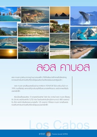ลอส คาบอส
ลอส คาบอส ถูกพัฒนาจากหมู่บ้านชาวประมงเล็กๆ ที่มีชีวิตเรียบง่ายให้กลายเป็นรีสอร์ทหรู
ราคาแพงสำหรับนักท่องเที่ยวที่มีรายได้สูงเช่นเดียวกับแคลิฟอร์เนียของสหรัฐอเมริกา

    ลอส คาบอส ถูกเปลี่ยนแปลงเป็นอย่างมากหลังจาก FONATUR ได้เข้ามาพัฒนาในปี ค.ศ.
1976 ถนนที่มีแต่ฝุ่น และทรายได้ถูกปรับปรุงให้เป็นสนามกอล์ฟที่สวยงาม และมีราคาแพงที่สุดใน
ประเทศเม็กซิโก

    เริ่มต้นโดยมีโรงแรมเพียง 10 แห่งและมีห้องพักแค่ 544 ห้อง ทุกวันนี้ ลอส คาบอส มีโรงแรม
ถึง 54 แห่ง และมีห้องพักถึง 5,722 ห้อง โดยห้องพักส่วนใหญ่มีราคามากกว่า 800 ดอลลาร์/
คืน ขึ้นไป และมีค่ากรีนฟีของสนามกอล์ฟถึง 125 ดอลลาร์ ทำให้ลอส คาบอส กลายเป็นแหล่ง
ท่องเที่ยวสำหรับนักท่องเที่ยวที่มีรายได้สูงของประเทศเม็กซิโก




                          Los Cabos       e TAT       19 Tourism Journal 4/2554
 