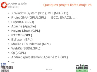 6RTS 2014
Quelques projets libres majeurs
● X Window System (X11), MIT (MIT/X11)
● Projet GNU (GPL/LGPL) → GCC, EMACS, ...
● FreeBSD (BSD)
● Apache (Apache)
● Noyau Linux (GPL)
● RTEMS (GPL)
● Eclipse (EPL)
● Mozilla / Thunderbird (MPL)
● WebKit (BSD/LGPL)
● Qt (LGPL)
● Android (partiellement Apache 2 + GPL)
● ...
 