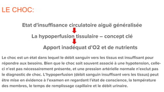 LE CHOC:
Etat d'insuffisance circulatoire aiguë généralisée
La hypoperfusion tissulaire – concept clé
Apport inadéquat d’O2 et de nutrients
Le choc est un état dans lequel le débit sanguin vers les tissus est insuffisant pour
répondre aux besoins. Bien que le choc soit souvent associé à une hypotension, celle-
ci n’est pas nécessairement présente, et une pression artérielle normale n’exclut pas
le diagnostic de choc. L’hypoperfusion (débit sanguin insuffisant vers les tissus) peut
être mise en évidence à l’examen en regardant l’état de conscience, la température
des membres, le temps de remplissage capillaire et le débit urinaire.
 