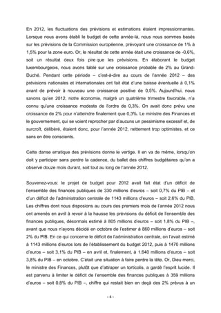 - 4 -
En 2012, les fluctuations des prévisions et estimations étaient impressionnantes.
Lorsque nous avons établi le budget de cette année-là, nous nous sommes basés
sur les prévisions de la Commission européenne, prévoyant une croissance de 1% à
1,5% pour la zone euro. Or, le résultat de cette année était une croissance de -0,6%,
soit un résultat deux fois pire que les prévisions. En élaborant le budget
luxembourgeois, nous avons tablé sur une croissance probable de 2% au Grand-
Duché. Pendant cette période – c’est-à-dire au cours de l’année 2012 – des
prévisions nationales et internationales ont fait état d’une baisse éventuelle à 0,1%
avant de prévoir à nouveau une croissance positive de 0,5%. Aujourd’hui, nous
savons qu’en 2012, notre économie, malgré un quatrième trimestre favorable, n’a
connu qu’une croissance modeste de l’ordre de 0,3%. On avait donc prévu une
croissance de 2% pour n’atteindre finalement que 0,3%. Le ministre des Finances et
le gouvernement, qui se voient reprocher par d’aucuns un pessimisme excessif et, de
surcroît, délibéré, étaient donc, pour l’année 2012, nettement trop optimistes, et ce
sans en être conscients.
Cette danse erratique des prévisions donne le vertige. Il en va de même, lorsqu’on
doit y participer sans perdre la cadence, du ballet des chiffres budgétaires qu’on a
observé douze mois durant, soit tout au long de l’année 2012.
Souvenez-vous: le projet de budget pour 2012 avait fait état d’un déficit de
l’ensemble des finances publiques de 330 millions d’euros – soit 0,7% du PIB – et
d’un déficit de l’administration centrale de 1143 millions d’euros – soit 2,6% du PIB.
Les chiffres dont nous disposions au cours des premiers mois de l’année 2012 nous
ont amenés en avril à revoir à la hausse les prévisions du déficit de l’ensemble des
finances publiques, désormais estimé à 805 millions d’euros – soit 1,8% du PIB –,
avant que nous n’ayons décidé en octobre de l’estimer à 860 millions d’euros – soit
2% du PIB. En ce qui concerne le déficit de l’administration centrale, on l’avait estimé
à 1143 millions d’euros lors de l’établissement du budget 2012, puis à 1470 millions
d’euros – soit 3,1% du PIB – en avril et, finalement, à 1.640 millions d’euros – soit
3,8% du PIB – en octobre. C’était une situation à faire perdre la tête. Or, Dieu merci,
le ministre des Finances, plutôt que d’attraper un torticolis, a gardé l’esprit lucide. Il
est parvenu à limiter le déficit de l’ensemble des finances publiques à 359 millions
d’euros – soit 0,8% du PIB –, chiffre qui restait bien en deçà des 2% prévus à un
 