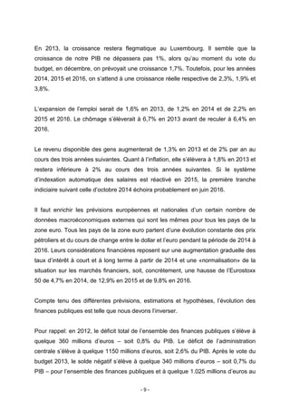 - 9 -
En 2013, la croissance restera flegmatique au Luxembourg. Il semble que la
croissance de notre PIB ne dépassera pas 1%, alors qu’au moment du vote du
budget, en décembre, on prévoyait une croissance 1,7%. Toutefois, pour les années
2014, 2015 et 2016, on s’attend à une croissance réelle respective de 2,3%, 1,9% et
3,8%.
L’expansion de l’emploi serait de 1,6% en 2013, de 1,2% en 2014 et de 2,2% en
2015 et 2016. Le chômage s’élèverait à 6,7% en 2013 avant de reculer à 6,4% en
2016.
Le revenu disponible des gens augmenterait de 1,3% en 2013 et de 2% par an au
cours des trois années suivantes. Quant à l’inflation, elle s’élèvera à 1,8% en 2013 et
restera inférieure à 2% au cours des trois années suivantes. Si le système
d’indexation automatique des salaires est réactivé en 2015, la première tranche
indiciaire suivant celle d’octobre 2014 échoira probablement en juin 2016.
Il faut enrichir les prévisions européennes et nationales d’un certain nombre de
données macroéconomiques externes qui sont les mêmes pour tous les pays de la
zone euro. Tous les pays de la zone euro partent d’une évolution constante des prix
pétroliers et du cours de change entre le dollar et l’euro pendant la période de 2014 à
2016. Leurs considérations financières reposent sur une augmentation graduelle des
taux d’intérêt à court et à long terme à partir de 2014 et une «normalisation» de la
situation sur les marchés financiers, soit, concrètement, une hausse de l’Eurostoxx
50 de 4,7% en 2014, de 12,9% en 2015 et de 9,8% en 2016.
Compte tenu des différentes prévisions, estimations et hypothèses, l’évolution des
finances publiques est telle que nous devons l’inverser.
Pour rappel: en 2012, le déficit total de l’ensemble des finances publiques s’élève à
quelque 360 millions d’euros – soit 0,8% du PIB. Le déficit de l’administration
centrale s’élève à quelque 1150 millions d’euros, soit 2,6% du PIB. Après le vote du
budget 2013, le solde négatif s’élève à quelque 340 millions d’euros – soit 0,7% du
PIB – pour l’ensemble des finances publiques et à quelque 1.025 millions d’euros au
 