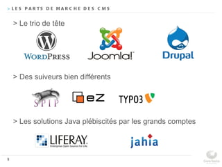 > L E S P A R TS D E M A R C H E D E S C M S


    > Le trio de tête




    > Des suiveurs bien différents




    > Les solutions Java plébiscités par les grands comptes



9
 