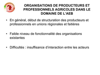 ORGANISATIONS DE PRODUCTEURS ET
PROFESSIONNELS AGRICOLES DANS LE
DOMAINE DE L’AEB
• En général, début de structuration des producteurs et
professionnels en unions régionales et faitières
• Faible niveau de fonctionnalité des organisations
existantes
• Difficultés : insuffisance d’interaction entre les acteurs
 