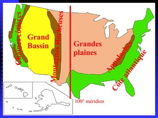 CONTINENTALITE Côte atlantique Appalaches Grandes  plaines Montagnes Rocheuses Grand Bassin Chaînes côtières 100° méridien 