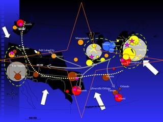 Boston Providence Hartford New York Philadelphie Baltimore Washington Norfolk Buffalo Détroit Seattle Portland San Francisco Los Angeles San Diego Miami Tampa Orlando Nouvelle Orléans Minneapolis Sacramento Salt Lake City Denver Chicago Dallas Atlanta Houston Phoenix St Louis Rochester Pittsburgh Cleveland 