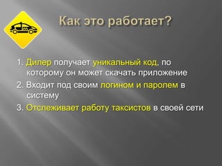 1. Дилер получает уникальный код, по
которому он может скачать приложение
2. Входит под своим логином и паролем в
систему
3. Отслеживает работу таксистов в своей сети

 