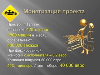Пример: г. Таллин
население 420 тыс чел

1800 машин в месяц
обрабатывают

400 000 заказов.
При фиксированной
комиссии с исполнителя – 0.2 евро
Компания получает 80 000 евро.
50% - диллеру. Итого – оборот 40

000 евро.

 