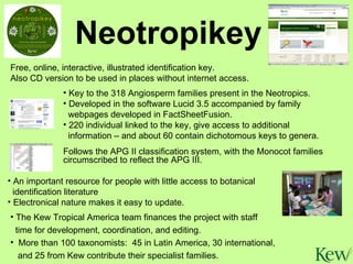 Neotropikey Key to the 318 Angiosperm families present in the Neotropics.  Developed in the software Lucid 3.5 accompanied by family webpages developed in FactSheetFusion. 220 individual linked to the key, give access to additional information – and about 60 contain dichotomous keys to genera. Free, online, interactive, illustrated identification key. Also CD version to be used in places without internet access. An important resource for people with little access to botanical identification literature Electronical nature makes it easy to update.  Follows the APG II classification system, with the Monocot families circumscribed to reflect the APG III. The Kew Tropical America team finances the project with staff  time for development, coordination, and editing. More than 100 taxonomists:  45 in Latin America, 30 international, and 25 from Kew contribute their specialist families. 