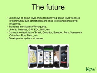 The future Lucid keys to genus level and accompanying genus level websites or community built scratchpads and links to existing genus level resources. Translate into Spanish/Portuguese. Links to Tropicos, GPI, EOL, INPI, etc. Connect to checklists of Brazil, ConoSur, Ecuador, Peru, Venezuela, Colombia, Flora Meso, etc. Develop new systems of access. 