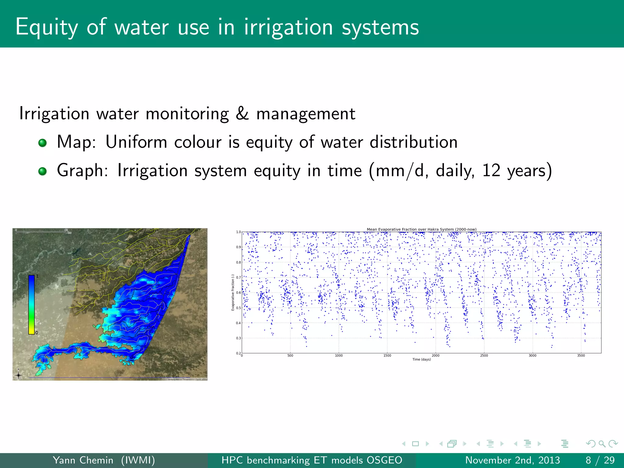 Equity of water use in irrigation systems

Irrigation water monitoring & management
Map: Uniform colour is equity of water distribution
Graph: Irrigation system equity in time (mm/d, daily, 12 years)

Yann Chemin (IWMI)

HPC benchmarking ET models OSGEO

November 2nd, 2013

8 / 29

 