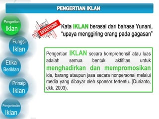 Fungsi
Iklan
Etika
Beriklan
Prinsip
Iklan
Pengontrolan
Iklan
Pengertian
Iklan Kata IKLAN berasal dari bahasa Yunani,
“upaya menggiring orang pada gagasan”
Pengertian IKLAN secara komprehensif atau luas
adalah semua bentuk aktifitas untuk
menghadirkan dan mempromosikan
ide, barang ataupun jasa secara nonpersonal melalui
media yang dibayar oleh sponsor tertentu. (Durianto,
dkk, 2003).
 