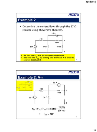 12/14/2015
10
Example 2
• Determine the current flows through the 17 Ω
resistor using Thevenin’s Theorem.
19
+
_
20 V
5 
20 
10 
17 
1.5 A
A
B


• We first find VTH with the 17  resistor removed.
• Next we find RTH by looking into terminals A-B with the
sources deactivated.
Example 2: VTH
20
+
_
20 V
5 
20 
10 
1.5 A
A
B


20(20)
(1.5)(10)
(20 5)
31
OS AB TH
TH
V V V
V V
   

 
+
_
20 V
5 
20 
10 
17 
1.5 A
A
B


 