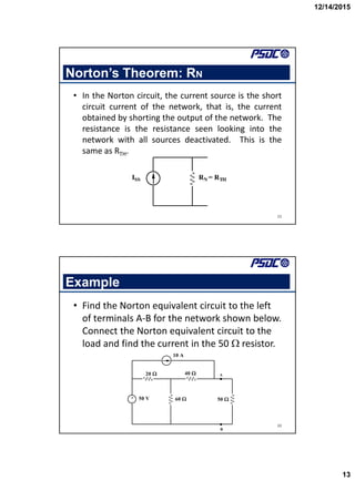 12/14/2015
13
Norton’s Theorem: RN
• In the Norton circuit, the current source is the short
circuit current of the network, that is, the current
obtained by shorting the output of the network. The
resistance is the resistance seen looking into the
network with all sources deactivated. This is the
same as RTH.
25
ISS RN = RTH
Example
• Find the Norton equivalent circuit to the left
of terminals A-B for the network shown below.
Connect the Norton equivalent circuit to the
load and find the current in the 50  resistor.
26
+
_
20 
60 
40 
50 
10 A
50 V


A
B
 