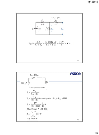 12/14/2015
20
39
40
 
 
W
4
.
0
P
W
10
20
4
P
R
I
P
Power,
Max.
A
20
4
10
10
V
4
I
10
R
R
power
max
for
R
10
V
4
I
R
R
V
I
L
2
L
L
2
L
L
L
TH
L
L
L
L
TH
TH
L
























 
