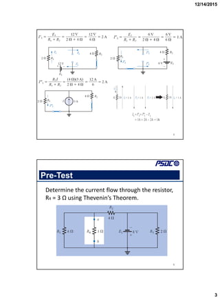 12/14/2015
3
5
Pre-Test
Determine the current flow through the resistor,
R4 = 3 Ω using Thevenin’s Theorem.
6
 