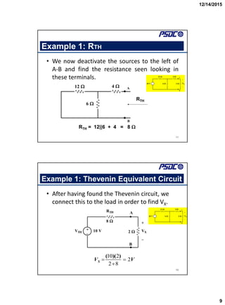 12/14/2015
9
Example 1: RTH
• We now deactivate the sources to the left of
A-B and find the resistance seen looking in
these terminals.
17
12  4 
6 
A
B


RTH
RTH = 12||6 + 4 = 8 
12  4 
6  2  VX
30 V +
_
+
_
A
B


Example 1: Thevenin Equivalent Circuit
• After having found the Thevenin circuit, we
connect this to the load in order to find VX.
18
8 
10 V
VTH
RTH
2  VX
+
_
+
_
A
B


10 2
2
2 8
 

( )( )
X
V V
12  4 
6  2  VX
30 V +
_
+
_
A
B


 